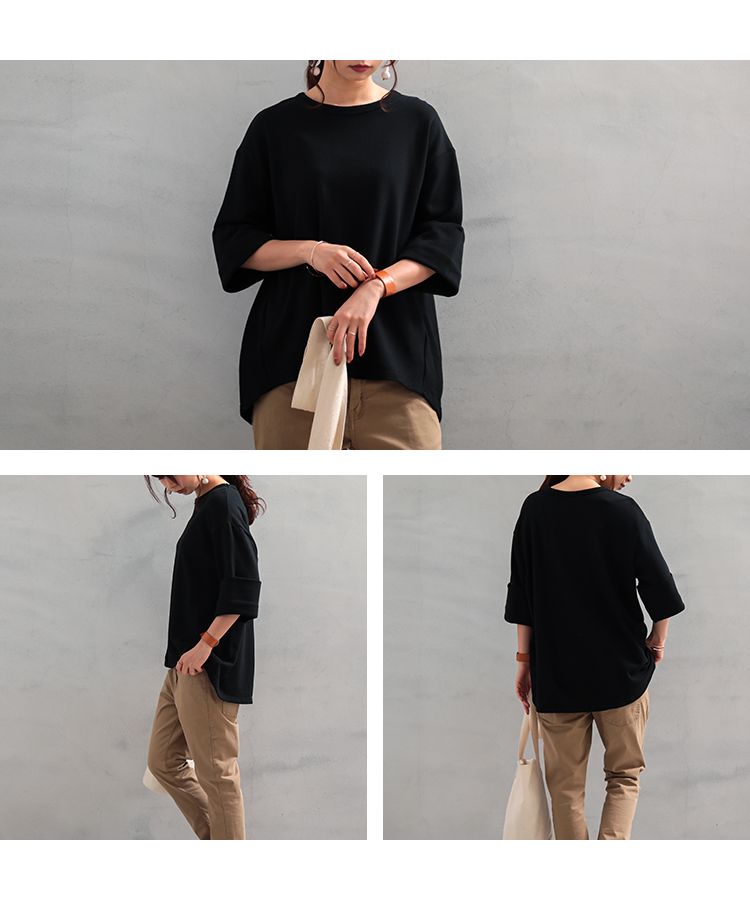 ノーワンノーズ No one knows 日本製 ビッグロールアップソフトスウェット レディース 5分袖 半端袖  七分袖 Tシャツ シンプル トップス カットソー ビッグシルエット カジュアル 無地