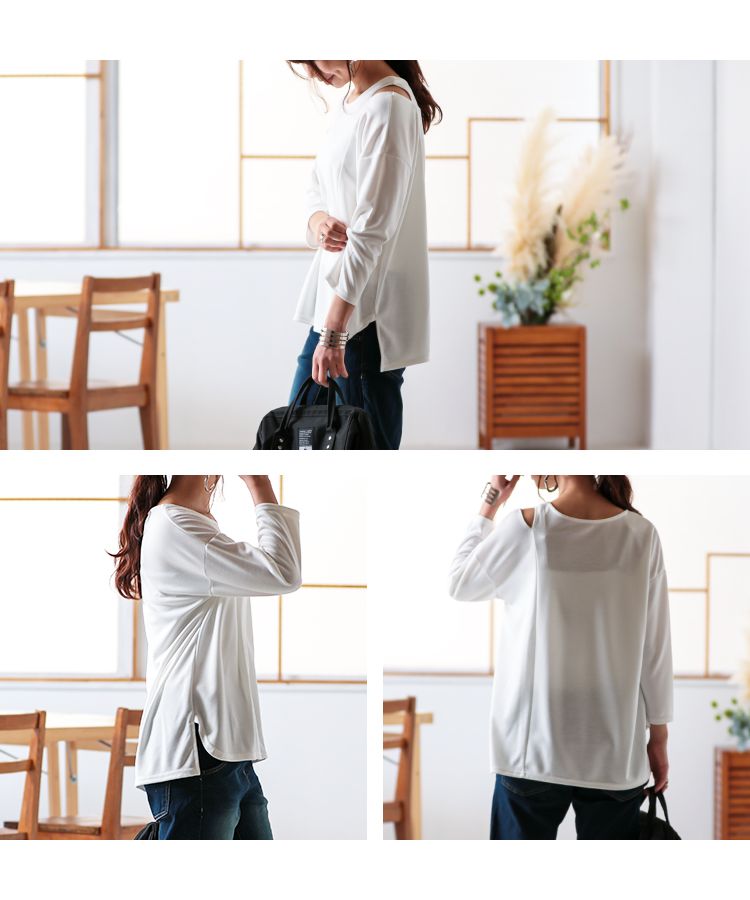 ノーワンノーズ No one knows M～L 日本製 ショルダースリット カットソー プルオーバー レディース きれいめ 大人 長袖 tシャツ ロンt シンプル 無地 前後アシメ ラウンドヘム サイ