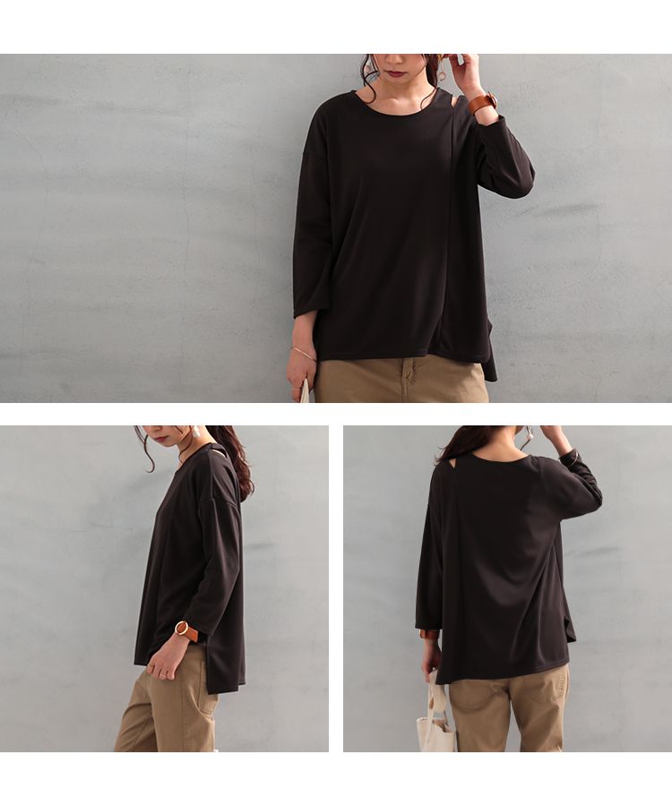 ノーワンノーズ No one knows M～L 日本製 ショルダースリット カットソー プルオーバー レディース きれいめ 大人 長袖 tシャツ ロンt シンプル 無地 前後アシメ ラウンドヘム サイ