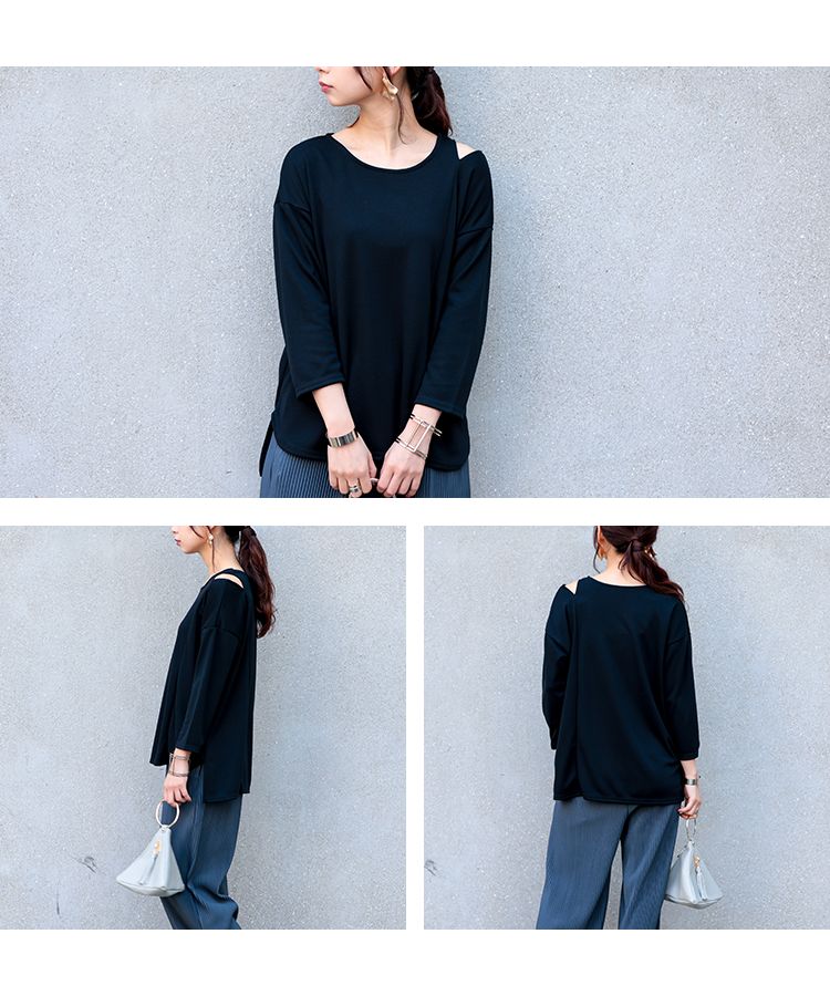 ノーワンノーズ No one knows M～L 日本製 ショルダースリット カットソー プルオーバー レディース きれいめ 大人 長袖 tシャツ ロンt シンプル 無地 前後アシメ ラウンドヘム サイ