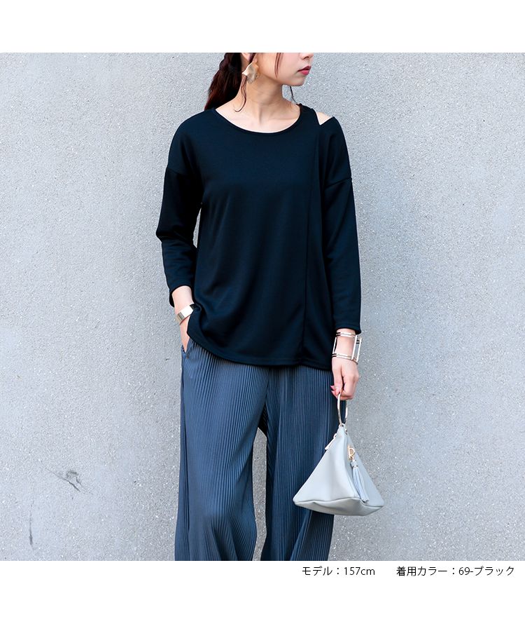 ノーワンノーズ No one knows M～L 日本製 ショルダースリット カットソー プルオーバー レディース きれいめ 大人 長袖 tシャツ ロンt シンプル 無地 前後アシメ ラウンドヘム サイ,69-ブラック