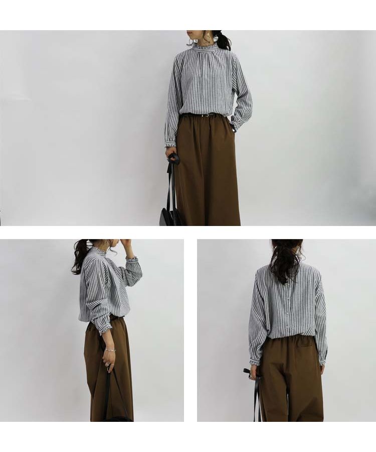 ノーワンノーズ No one knows  ネル素材バンドカラーシャツ  生地 バンドカラー フリル 長袖 ブラウス シャツ フリルブラウス トップス レディース きれいめ 大人 クラシカル ハイネック