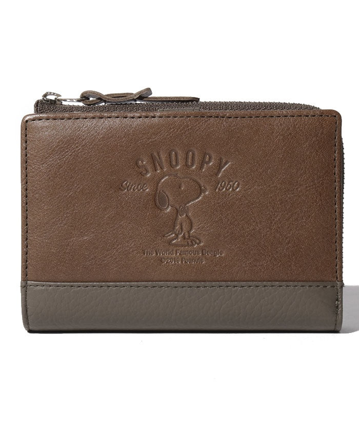 スヌーピーレザーコレクション SNOOPY Leather Collection SNOOPY/スヌーピー/蝶ネクタイ柄二つ折り財布/本革,カーキ