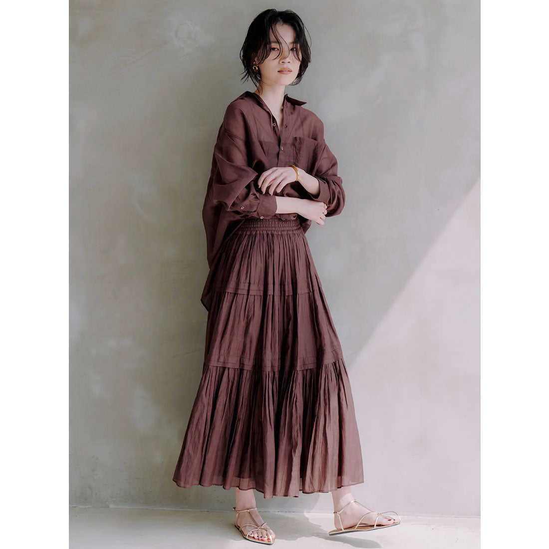 アニュアンス anuans Indiaシルクブレンドティアードスカート （BROWN） BROWN