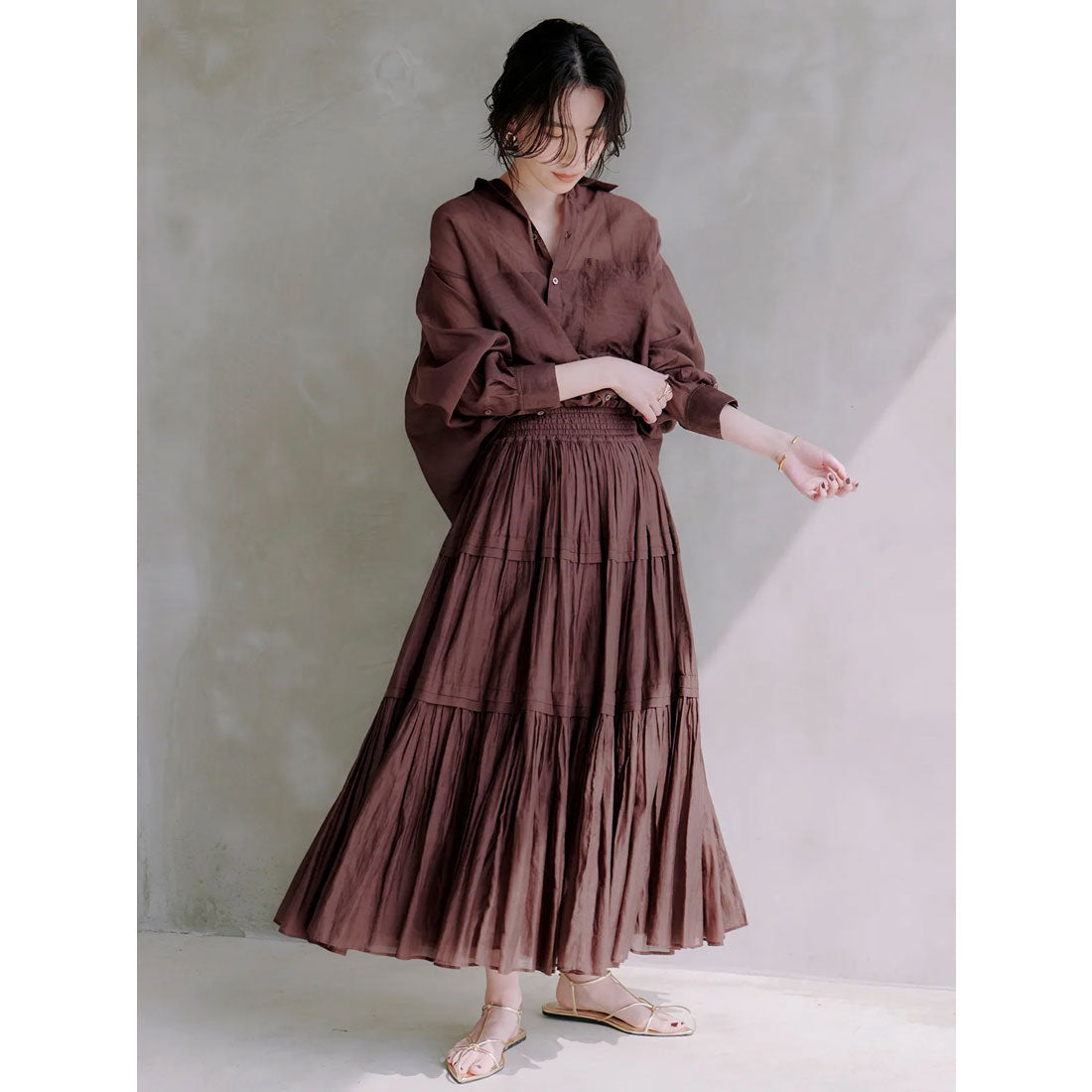 アニュアンス anuans Indiaシルクブレンドティアードスカート （BROWN） BROWN