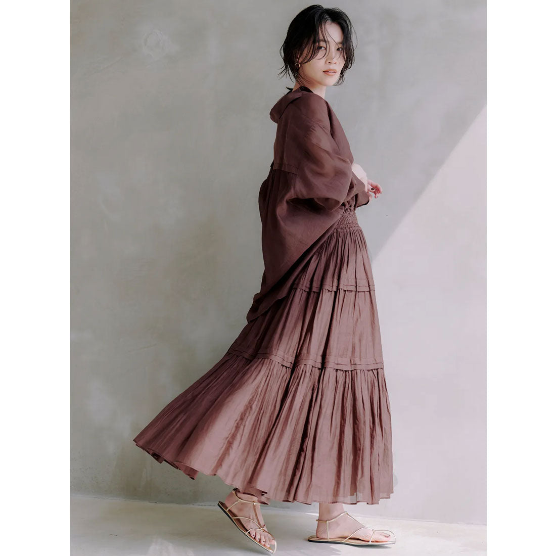 アニュアンス anuans Indiaシルクブレンドティアードスカート （BROWN） BROWN