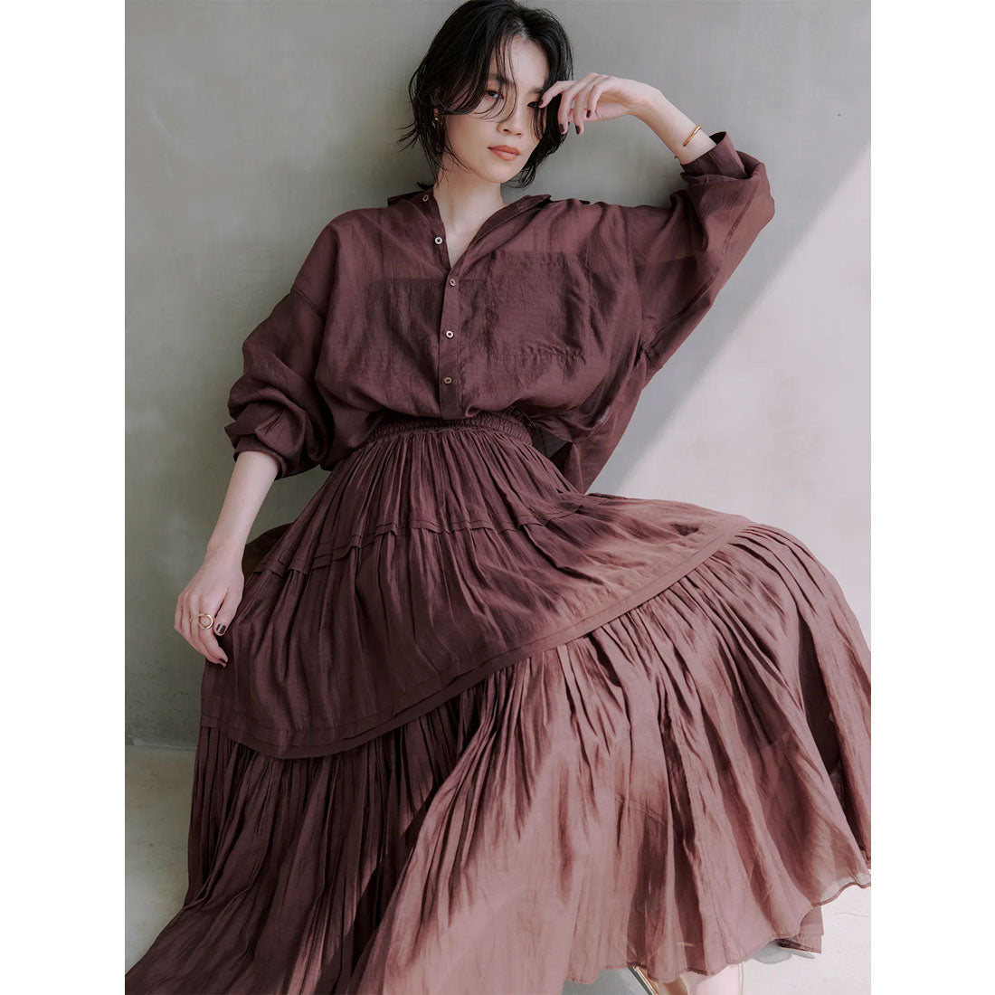 アニュアンス anuans Indiaシルクブレンドティアードスカート （BROWN） BROWN