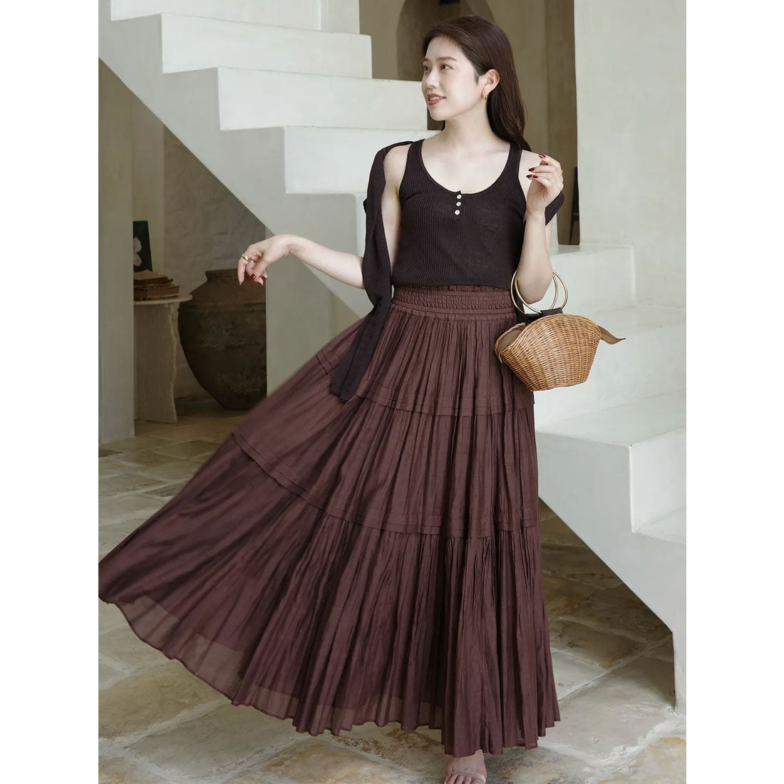 アニュアンス anuans Indiaシルクブレンドティアードスカート （BROWN） BROWN