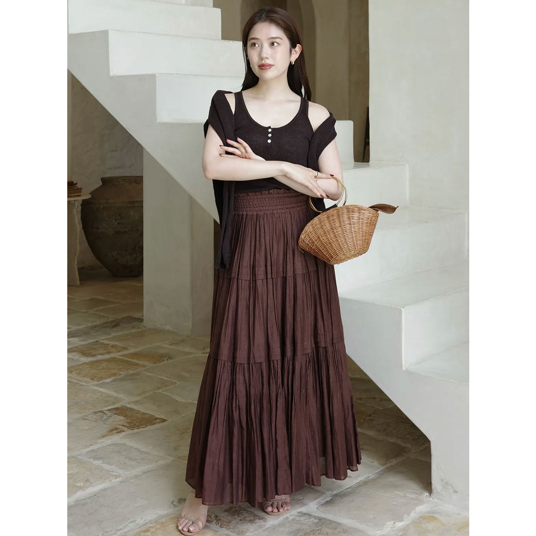 アニュアンス anuans Indiaシルクブレンドティアードスカート （BROWN） BROWN