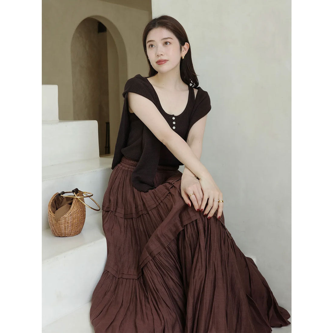 アニュアンス anuans Indiaシルクブレンドティアードスカート （BROWN） BROWN