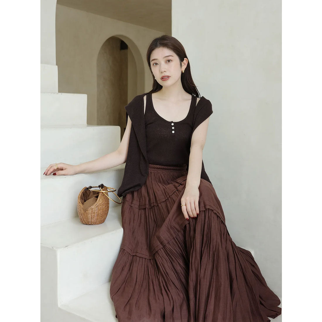 アニュアンス anuans Indiaシルクブレンドティアードスカート （BROWN） BROWN