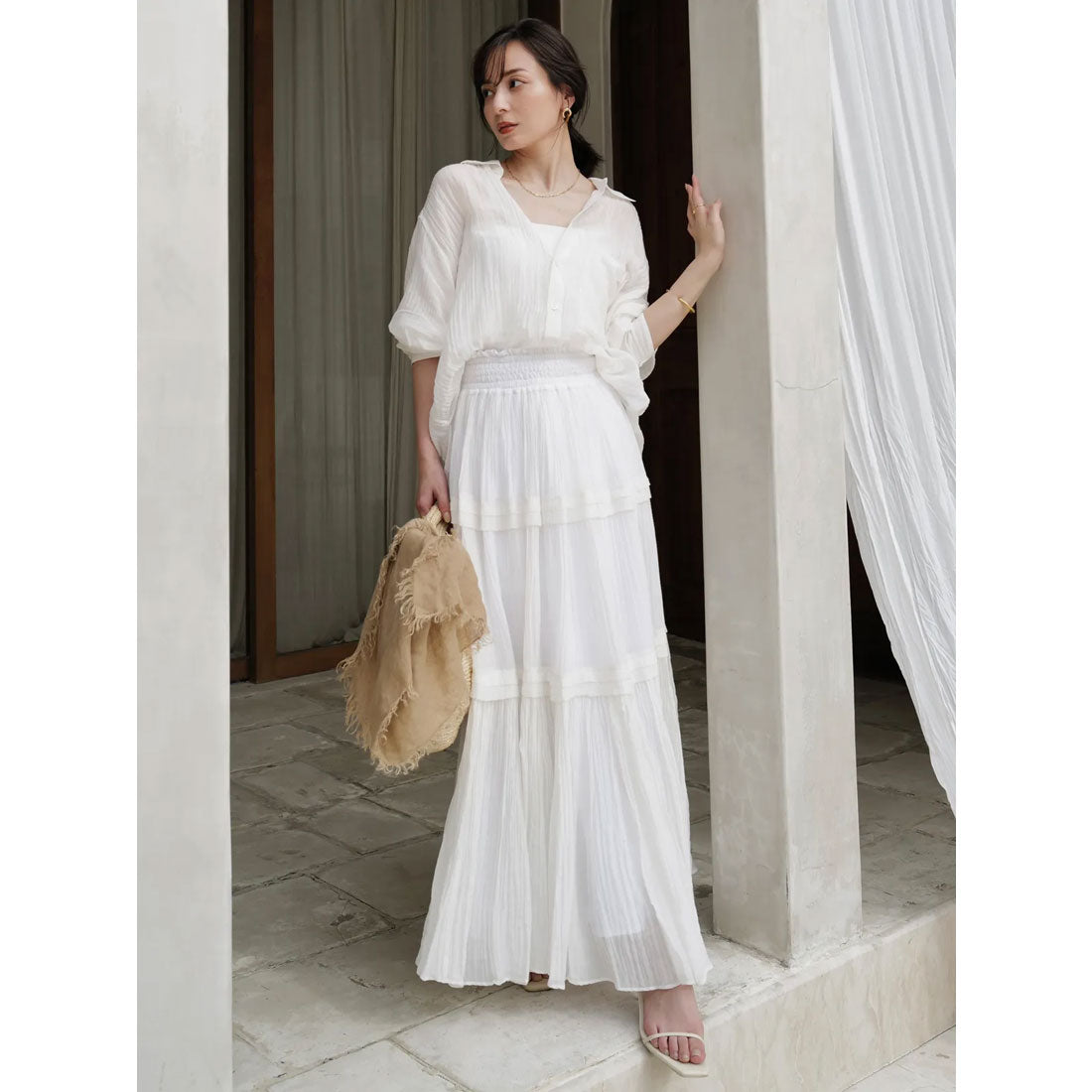アニュアンス anuans Indiaシルクブレンドティアードスカート （WHITE） WHITE