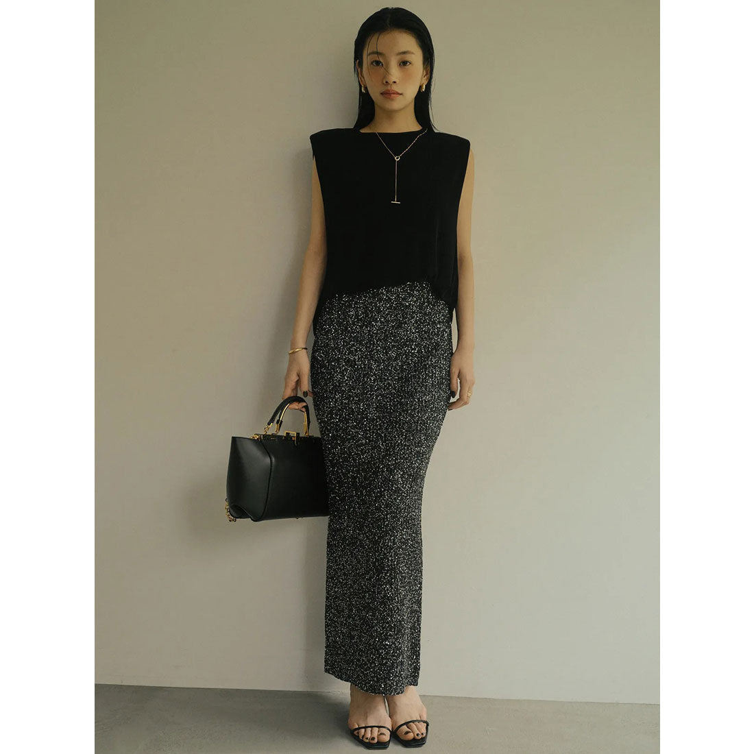 アニュアンス anuans アセテートノースリーブカットトップス （BLACK） BLACK