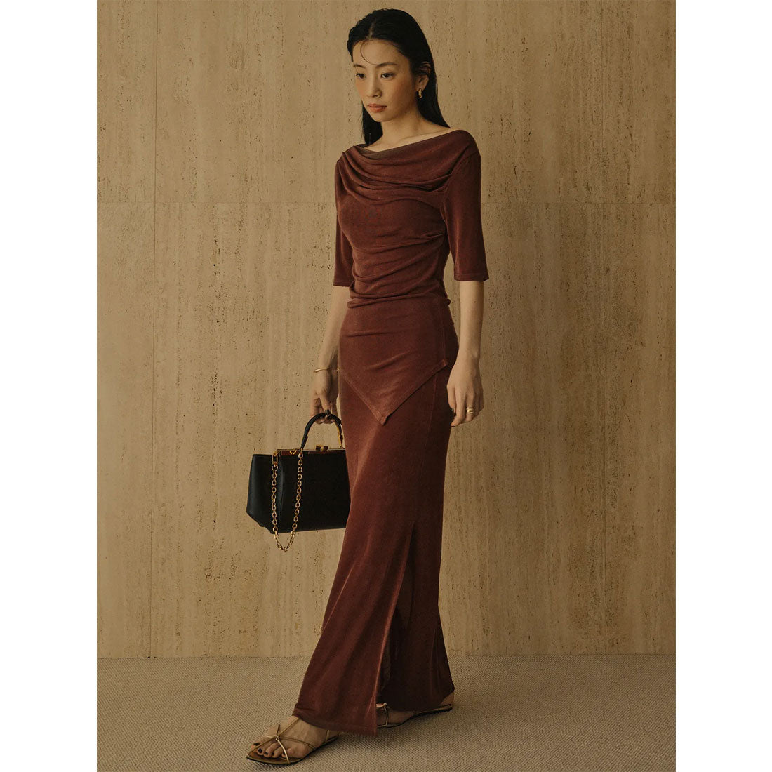 アニュアンス anuans アセテートカットナロースカート （BROWN） BROWN