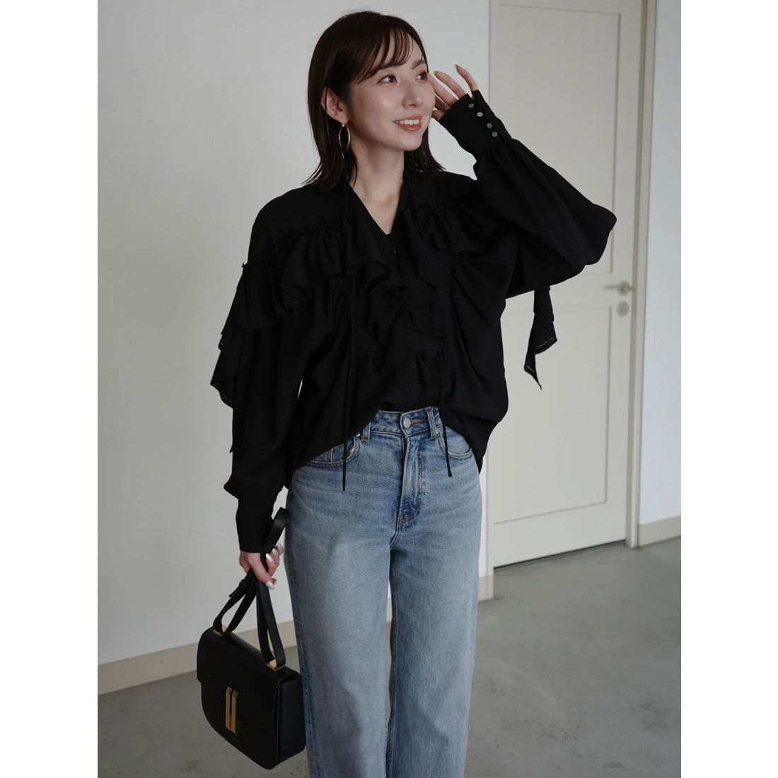 アニュアンス anuans リンクルラッフルブラウス （BLACK） BLACK