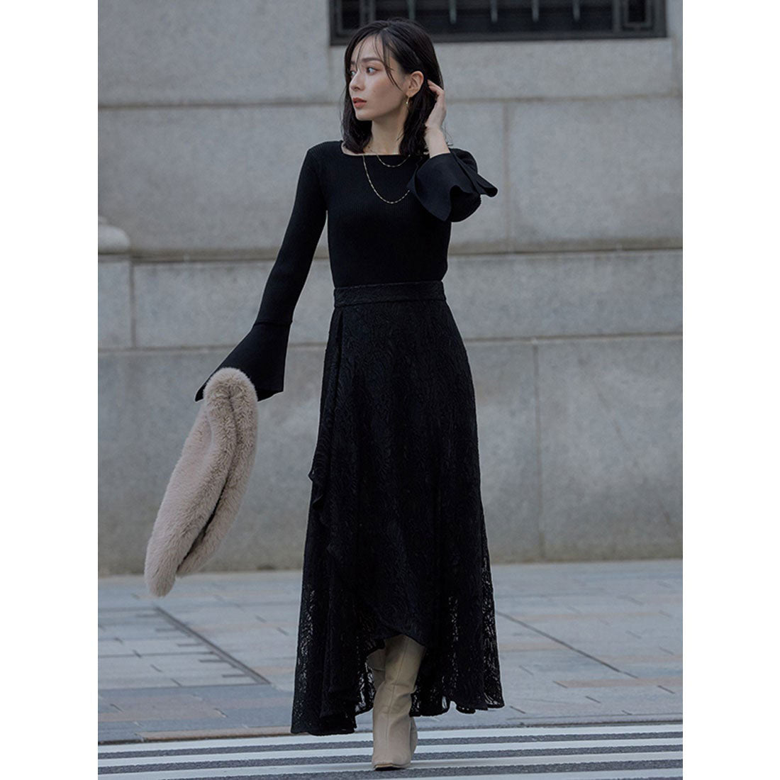 anuans Wave Lace Wrap Flared Skirt