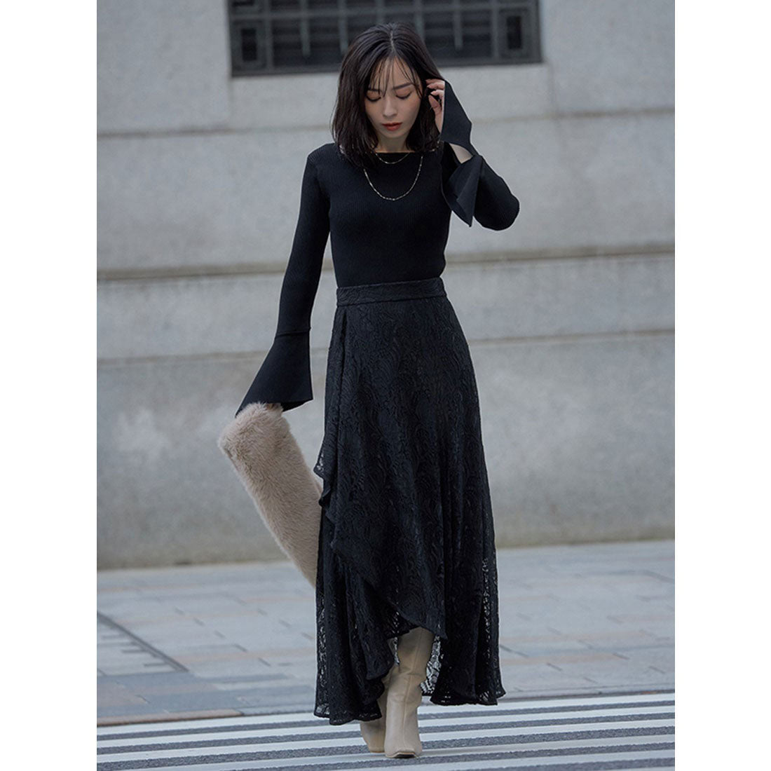 anuans Wave Lace Wrap Flared Skirt