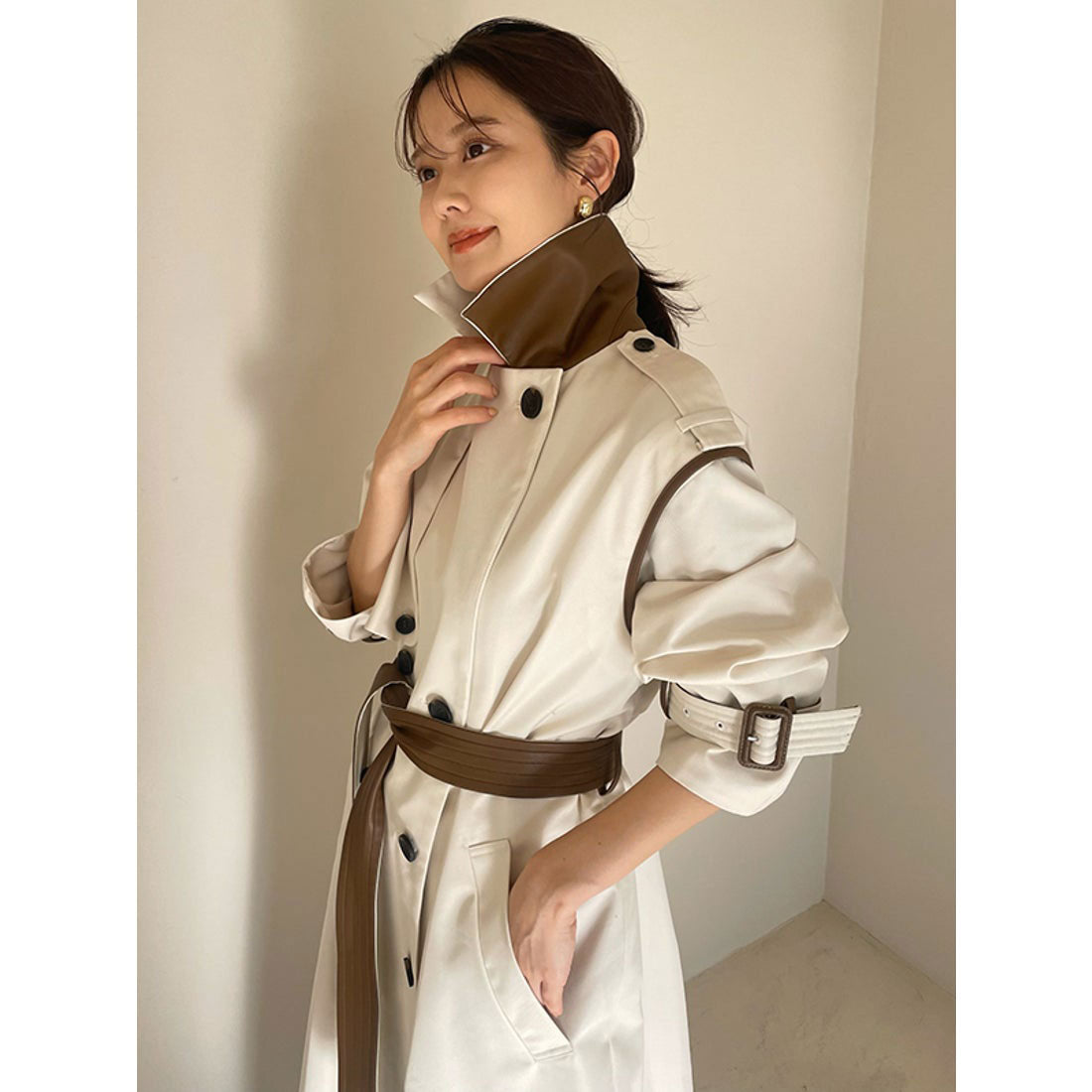 anuans vegan leather trim 2-way trench coat