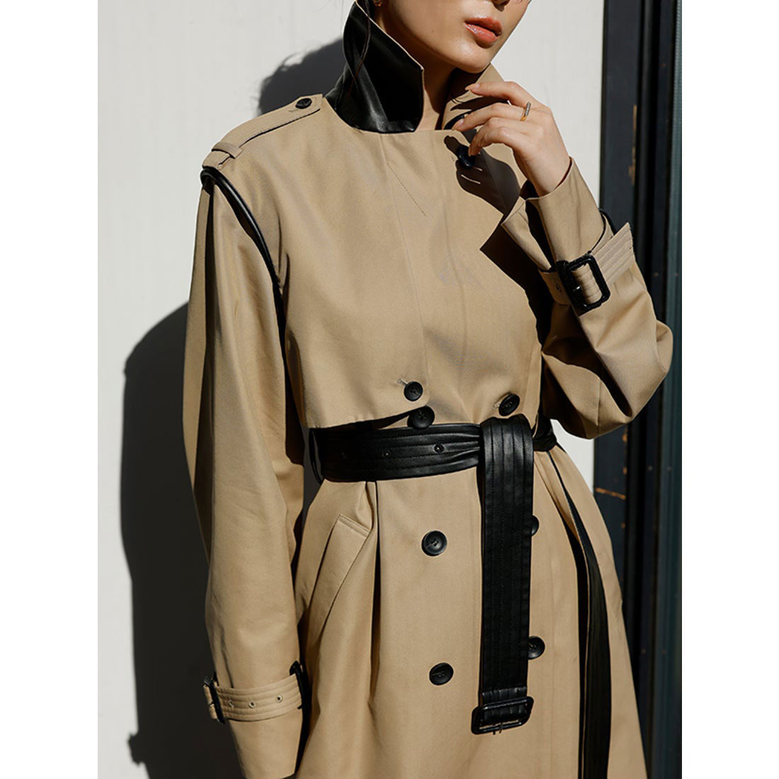 anuans vegan leather trim 2-way trench coat