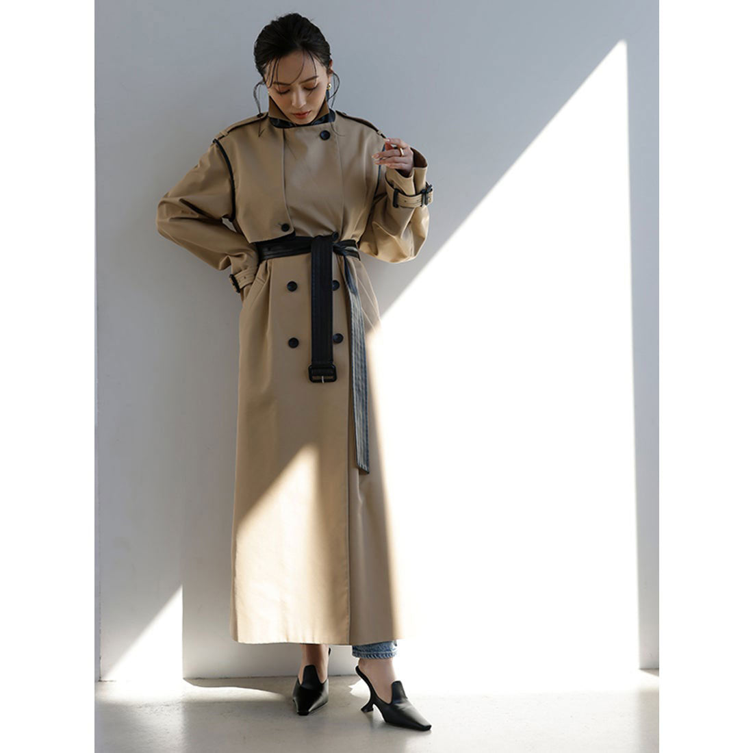 anuans vegan leather trim 2-way trench coat