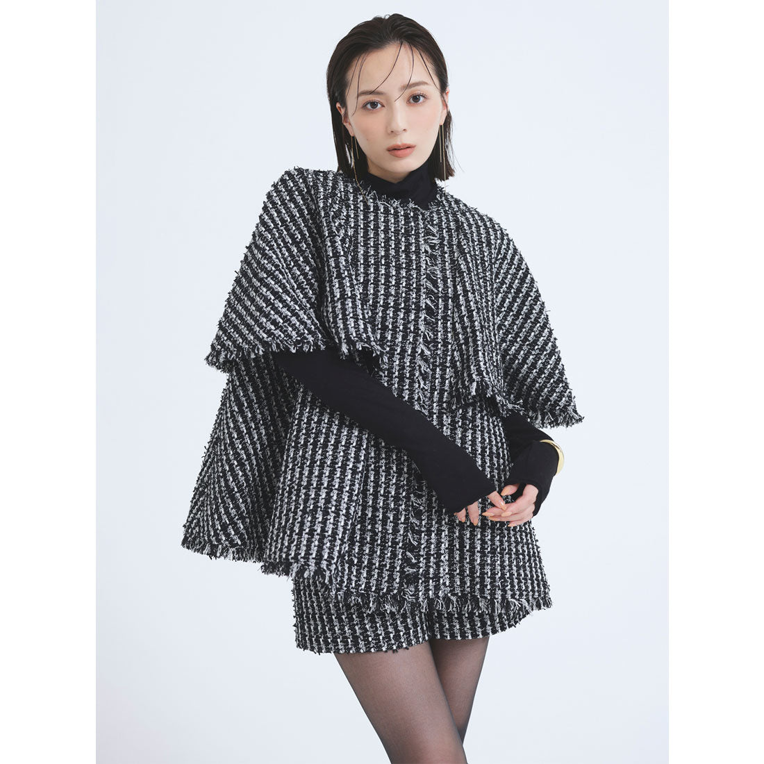 新品未使用 anuans アウター ツイードケープジャケット レディース アニュアンス anuans ツイードケープジャケット （BLACK