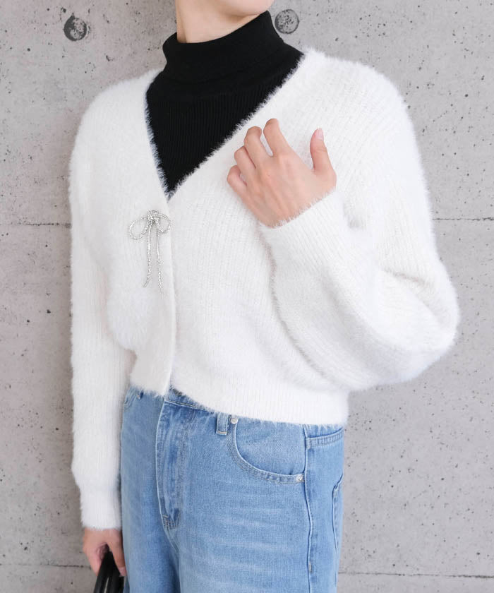 アクアガレージ aquagarage ミンクフェザービジューリボンカーディガン 春  秋 冬 （ブラック） ブラック