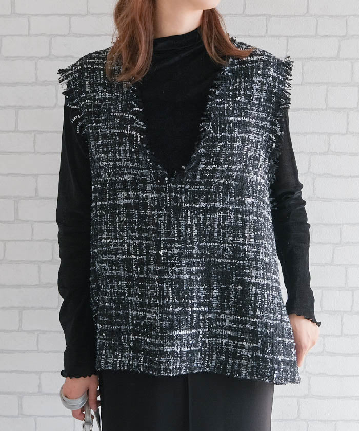 アクアガレージ aquagarage 【セットアップ可】ツイードフリンジ深Vネックベスト 春  秋 冬 M