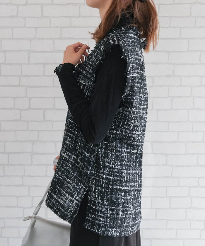 アクアガレージ aquagarage 【セットアップ可】ツイードフリンジ深Vネックベスト 春  秋 冬 M