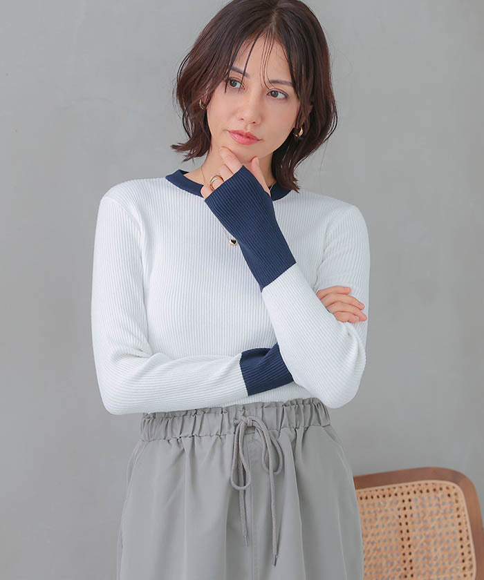 アクアガレージ aquagarage 指穴付きバイカラーリブニット 春 秋 冬 M L レディース （ブラック） ブラック