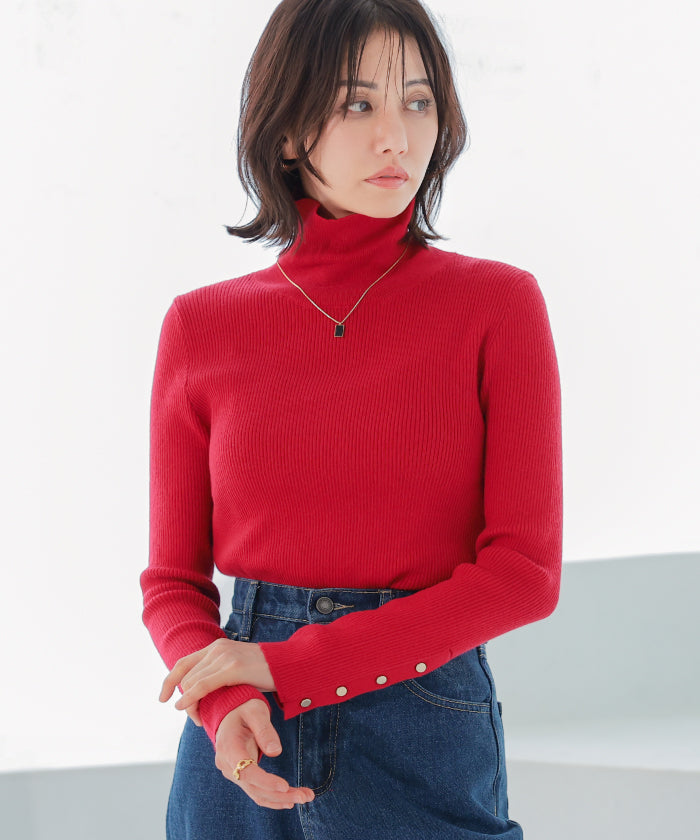 アクアガレージ aquagarage 袖口ボタンタートルネックリブニットトップス 春 秋 冬 M L レディース