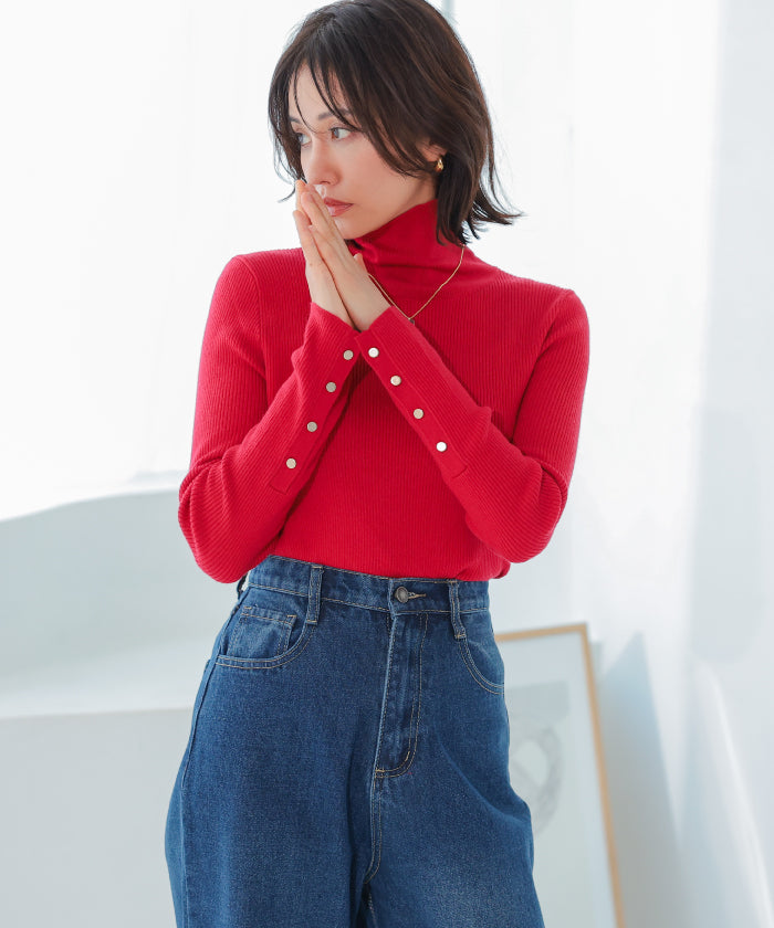 アクアガレージ aquagarage 袖口ボタンタートルネックリブニットトップス 春 秋 冬 M L レディース