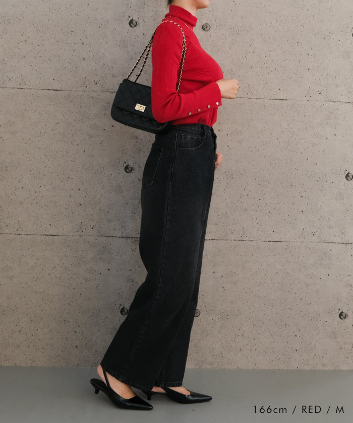 アクアガレージ aquagarage 袖口ボタンタートルネックリブニットトップス 春 秋 冬 M L レディース