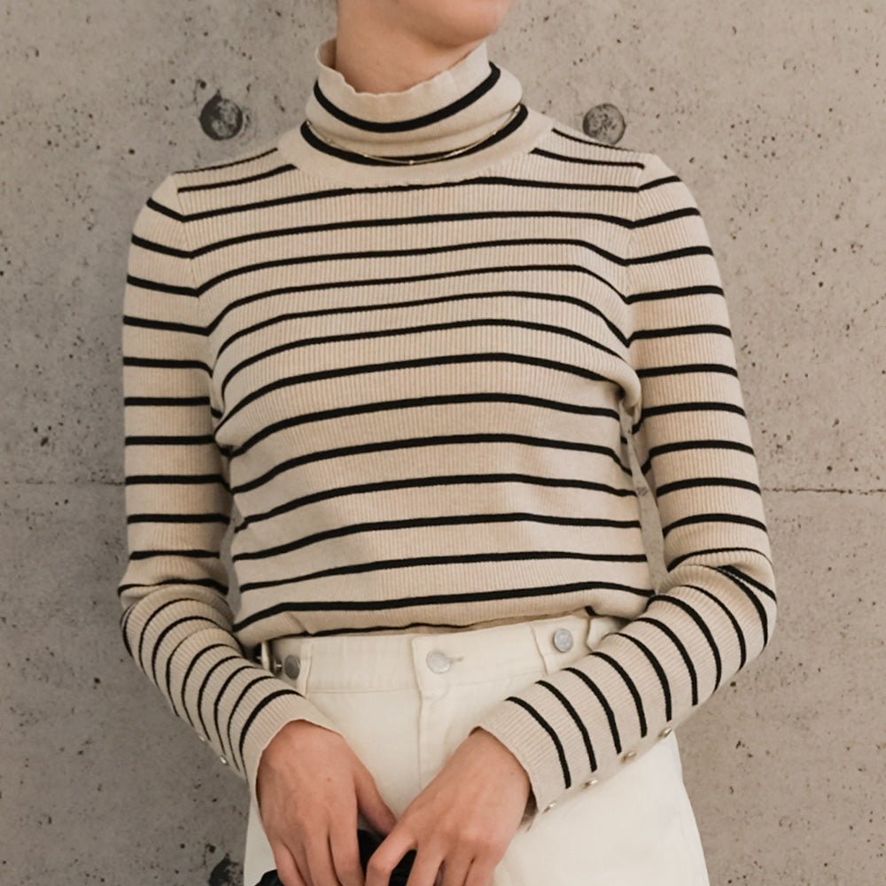 アクアガレージ aquagarage 袖口ボタンタートルネックリブニットトップス 春 秋 冬 M L レディース