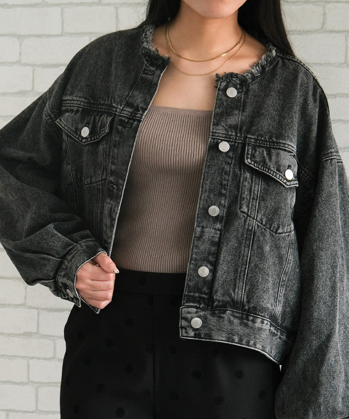アクアガレージ aquagarage ノーカラー袖ボリュームデニムジャケット 春 秋 冬 M