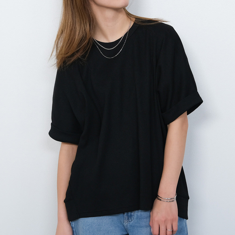 アクアガレージ aquagarage 袖ロールアップワッフルカットソー 春 夏 秋 M （ブラック） ブラック
