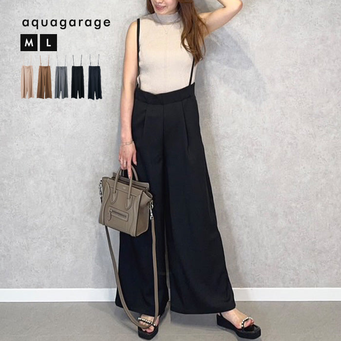 アクアガレージ aquagarage リネンライクサスペンダー付きパンツ レディース 春 夏 秋 M （ブラック） ブラック
