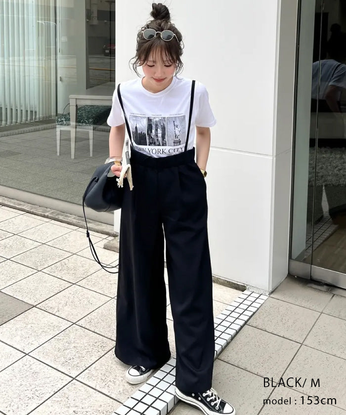 アクアガレージ aquagarage リネンライクサスペンダー付きパンツ レディース 春 夏 秋 M （ブラック） ブラック