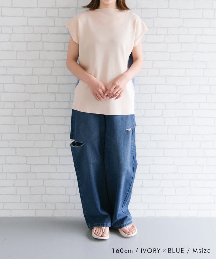 Aqua Garage aquagarage Color-blocked Bottle Neck French Sleeve Knit Spring Summer Autumn
