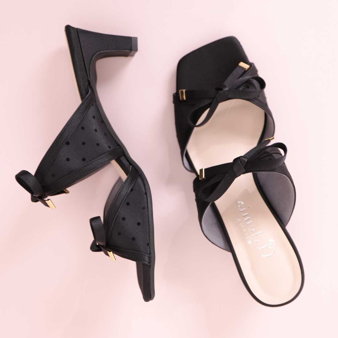 artemis by DIANA polka dot double ribbon mule sandals