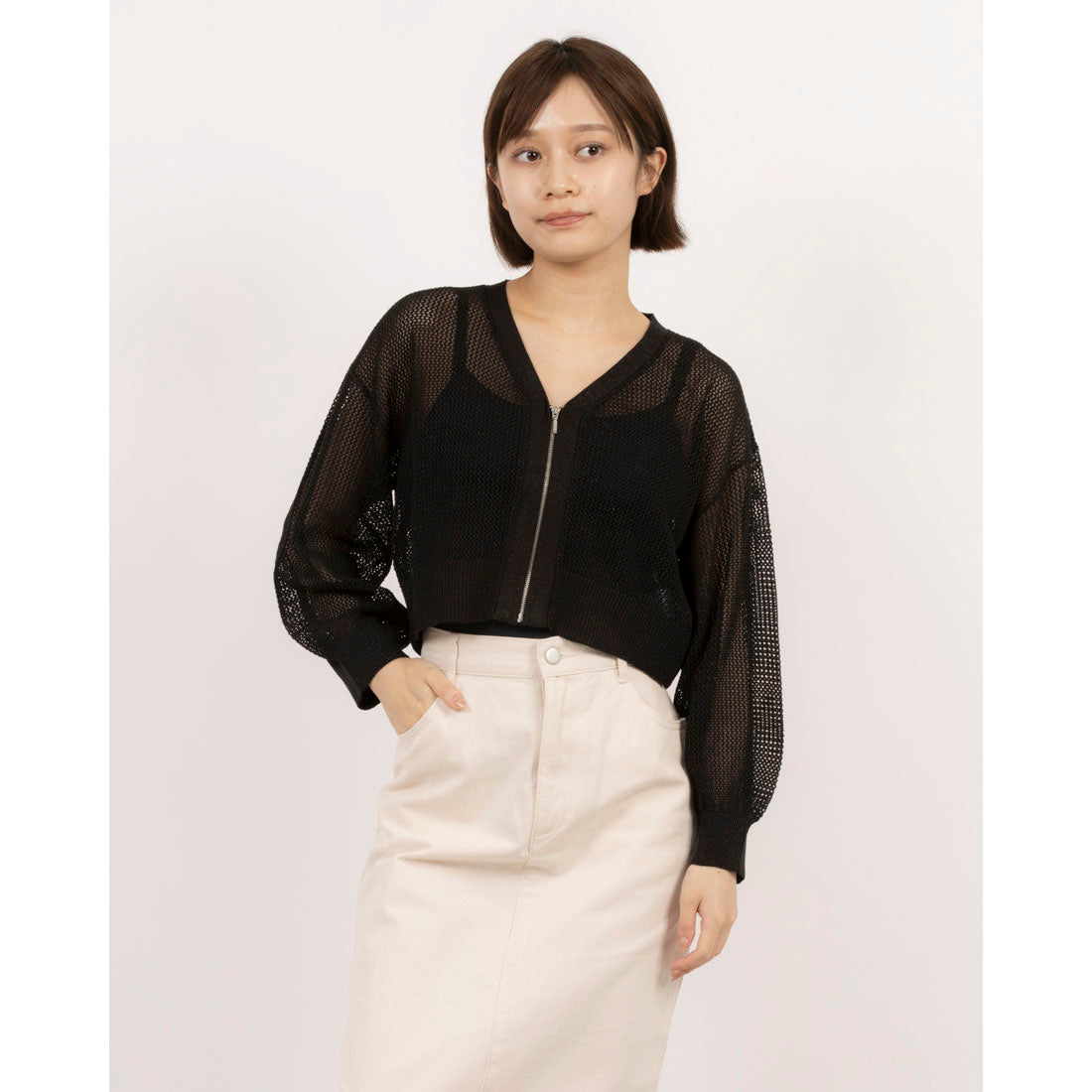 archives archives front zip glitter mesh knit cardigan