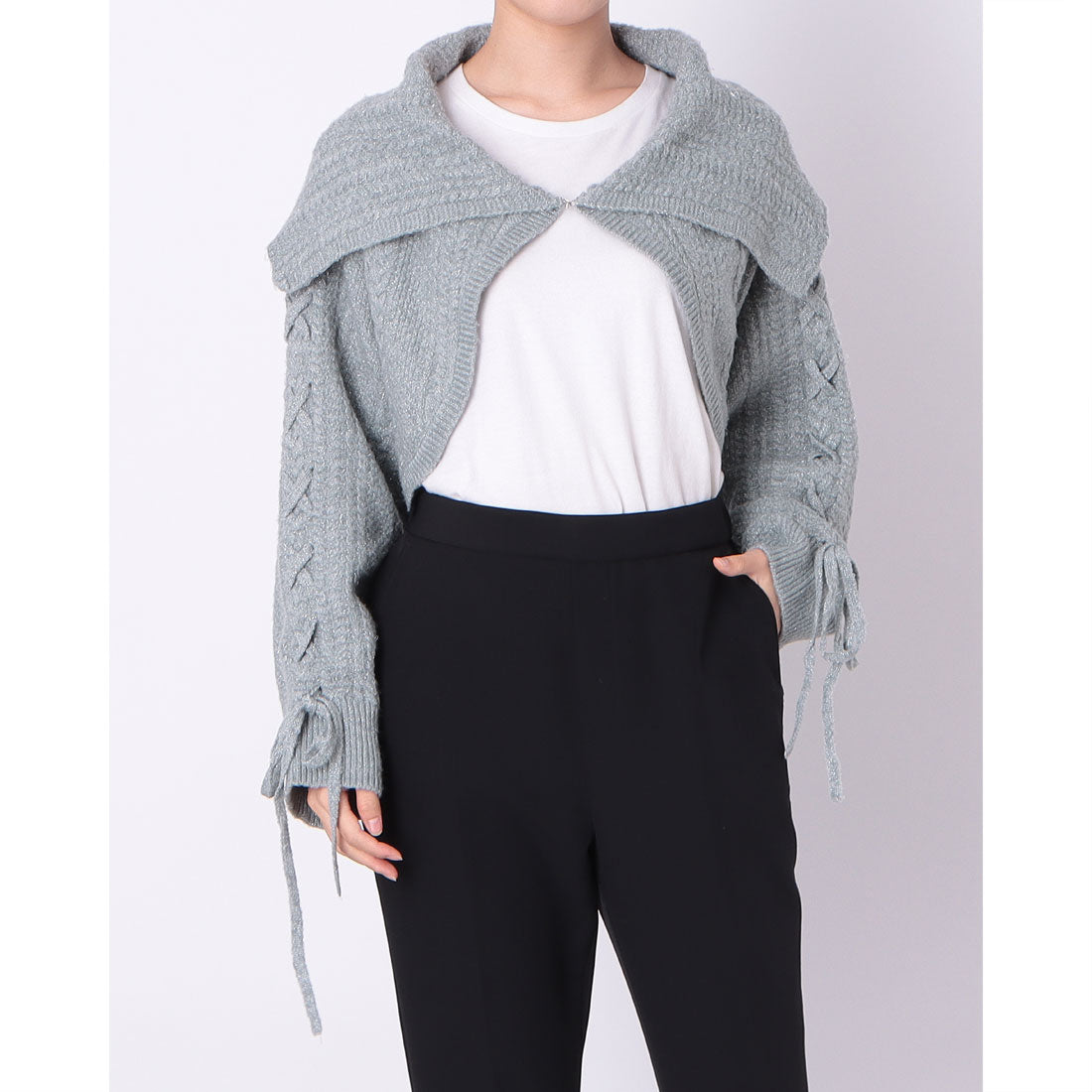 アルシーヴ archives BIGカラーレースUPラメケーブルニットカーディガン （BLU） BLU