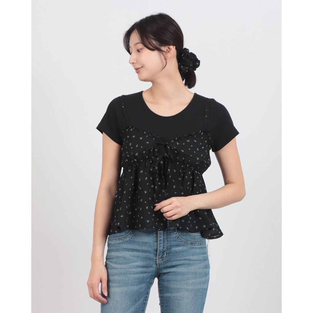 アルシーヴ archives シュシュ付花柄キャミ×リブTOPSSET （BLK） BLK