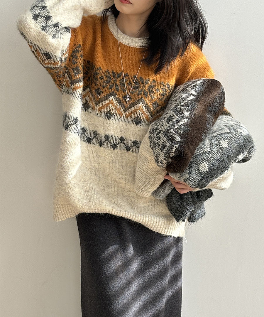 ARGO TOKYO ARGO TOKYO Wool Blend Brushed Snow Flowers Crew Knit 25126 Wool Blend Brushed Flower Crew Neck Knit