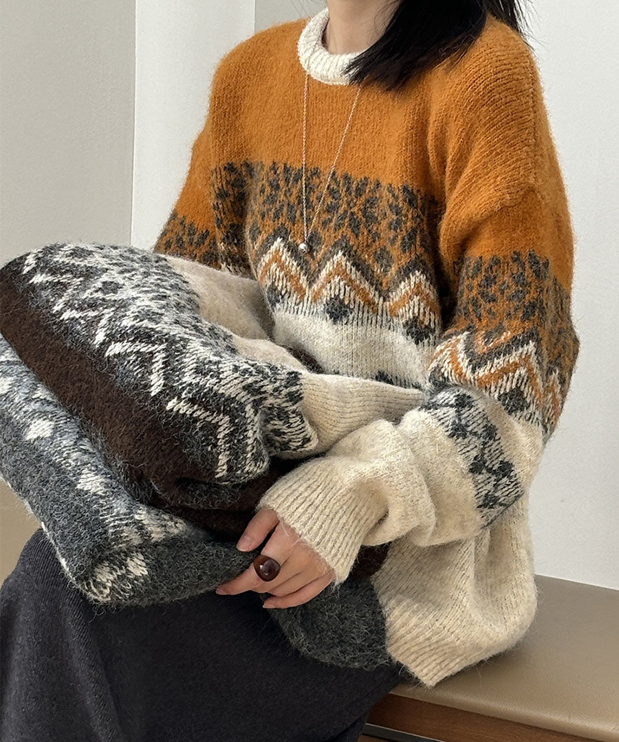ARGO TOKYO ARGO TOKYO Wool Blend Brushed Snow Flowers Crew Knit 25126 Wool Blend Brushed Flower Crew Neck Knit