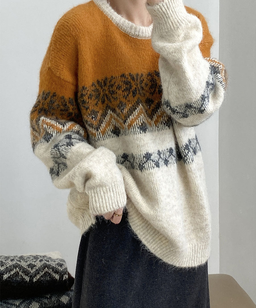 ARGO TOKYO ARGO TOKYO Wool Blend Brushed Snow Flowers Crew Knit 25126 Wool Blend Brushed Flower Crew Neck Knit