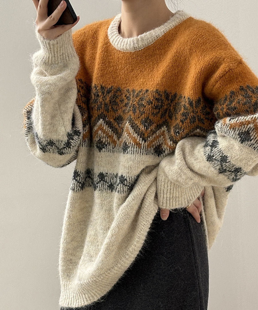 ARGO TOKYO ARGO TOKYO Wool Blend Brushed Snow Flowers Crew Knit 25126 Wool Blend Brushed Flower Crew Neck Knit