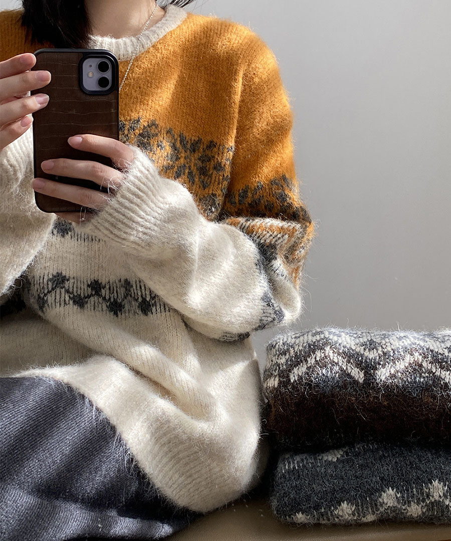 ARGO TOKYO ARGO TOKYO Wool Blend Brushed Snow Flowers Crew Knit 25126 Wool Blend Brushed Flower Crew Neck Knit