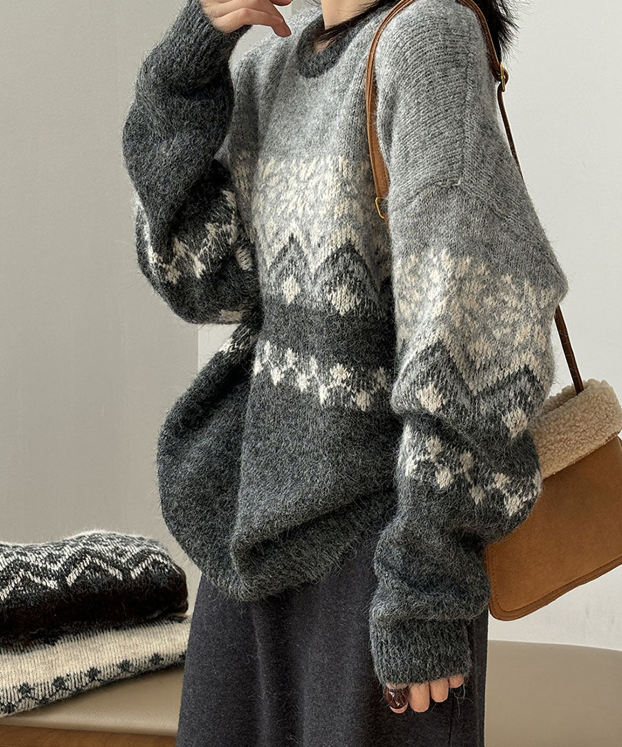 ARGO TOKYO ARGO TOKYO Wool Blend Brushed Snow Flowers Crew Knit 25126 Wool Blend Brushed Flower Crew Neck Knit
