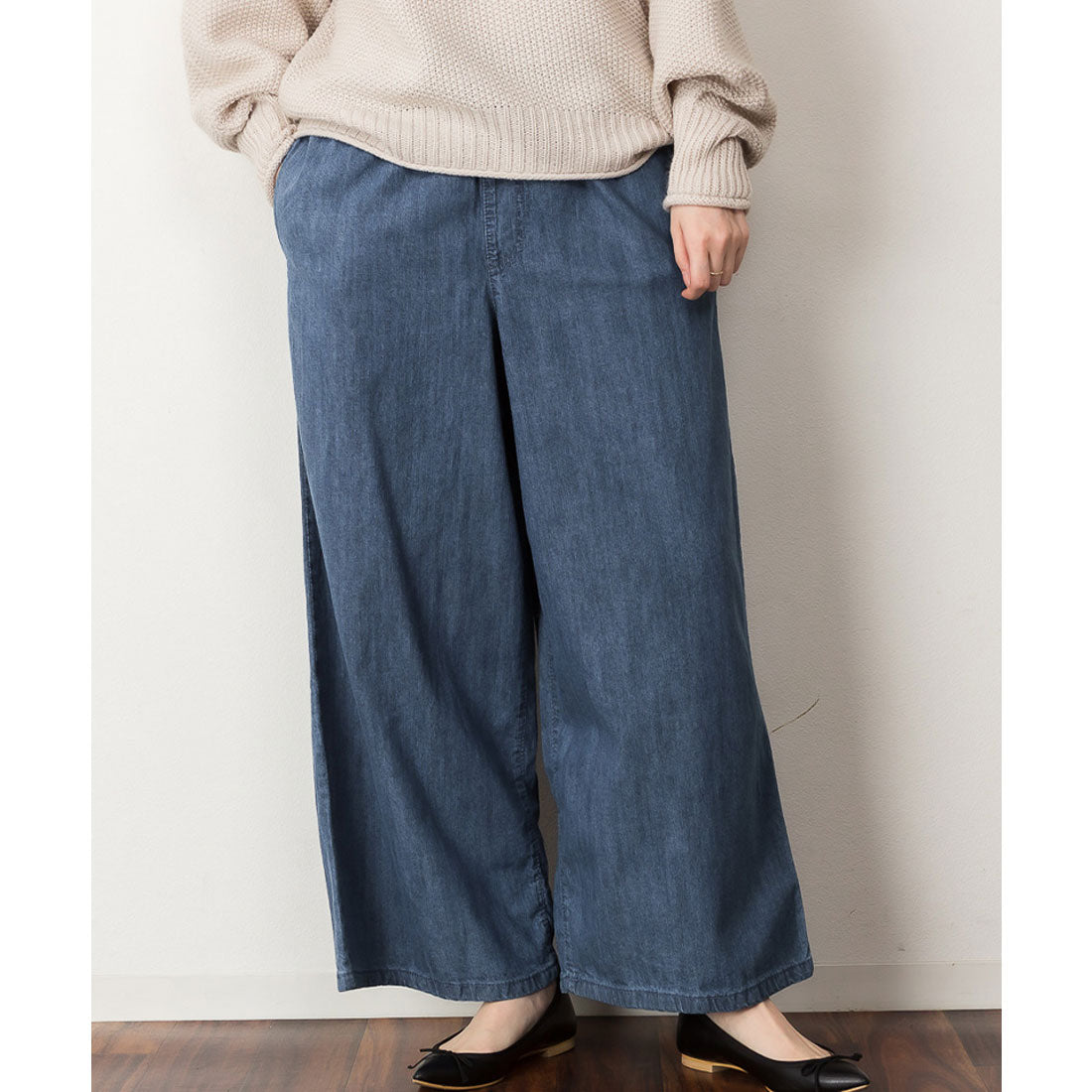 アットワン atONE ライトオンスウエスゴムワイドパンツ,ブルー