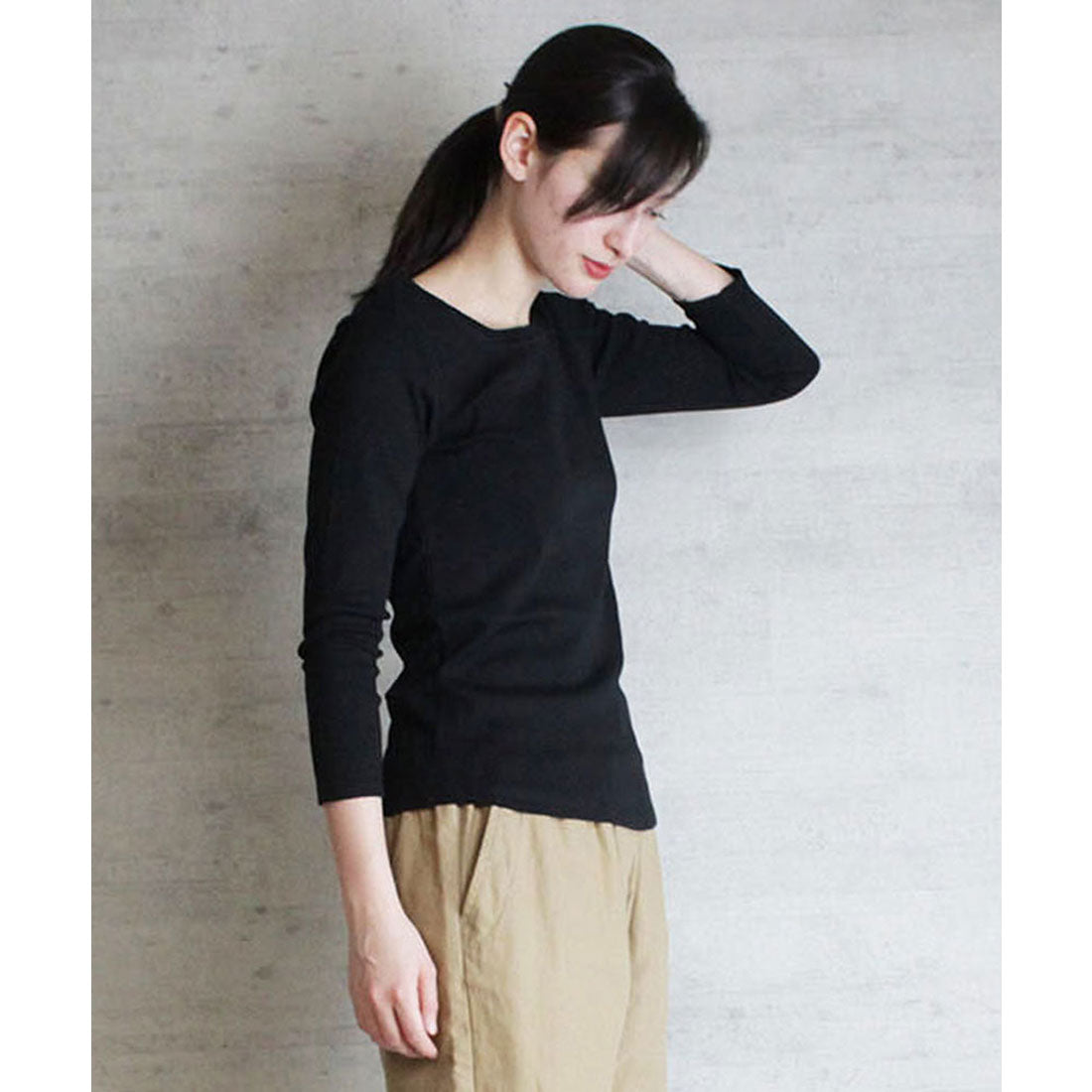 アットワン atONE Uネック8分袖コットンフライスTシャツ （BLACK） ブラック